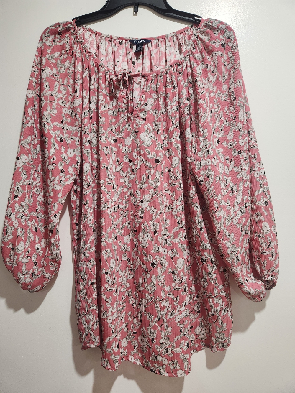 Chaps Rose Pink Floral Tie-Neck Peasant Top